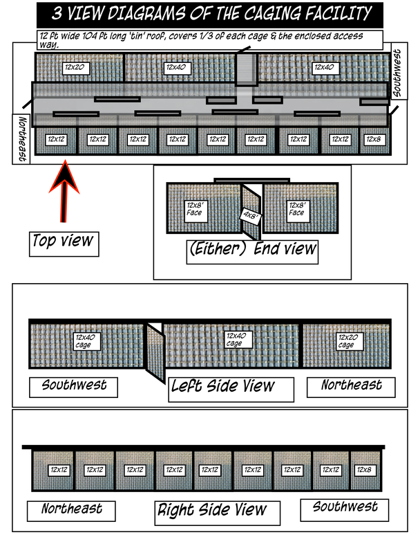 3 view diagrams of 4 owls farm cages
